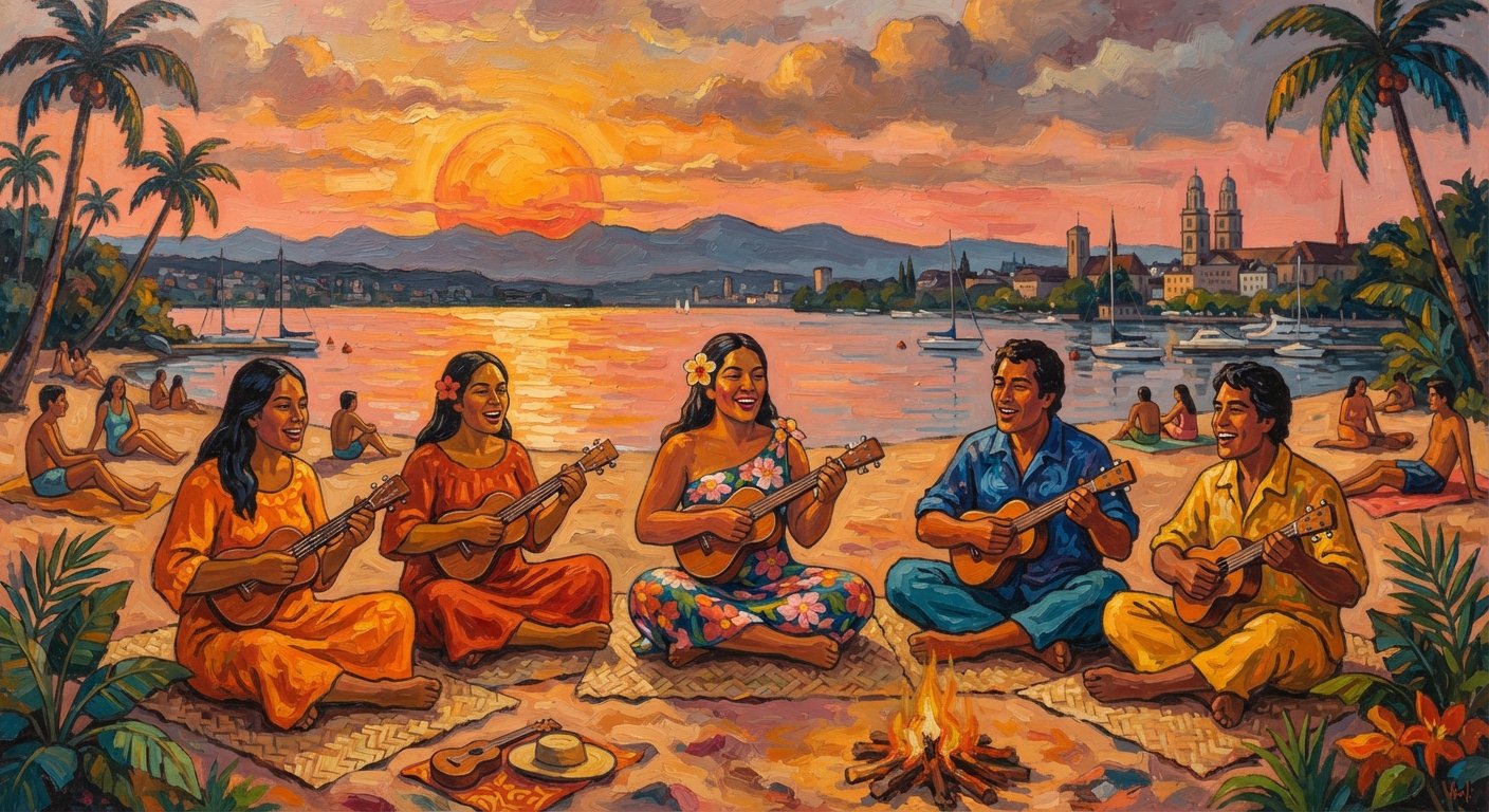 Gemälde: Ukulele spielende Menschen am Seeufer bei Sonnenuntergang, im Hintergrund die Zürcher Altstadt